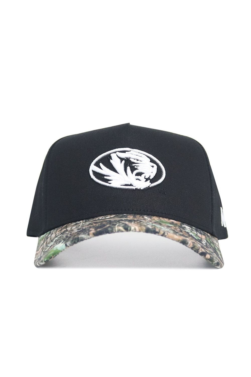 The No Rivals Mizzou Logo Camo Hat - Trailblazer Edition features a white embroidered tiger logo, camouflage brim, adjustable snap back, and is crafted from high-quality cotton for comfort.