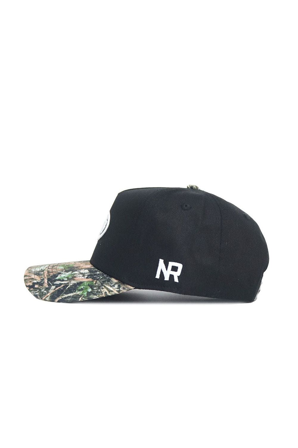 The No Rivals Mizzou Logo Camo Hat - Trailblazer Edition is a black cotton cap with a camo brim and white NR embroidery on the side, displayed in profile against a white background.