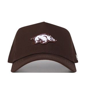 The Arkansas Americano Hat is a high-quality cotton brown snapback with a white and maroon embroidered hog logo, officially licensed to represent the Arkansas Razorbacks in comfort and style.