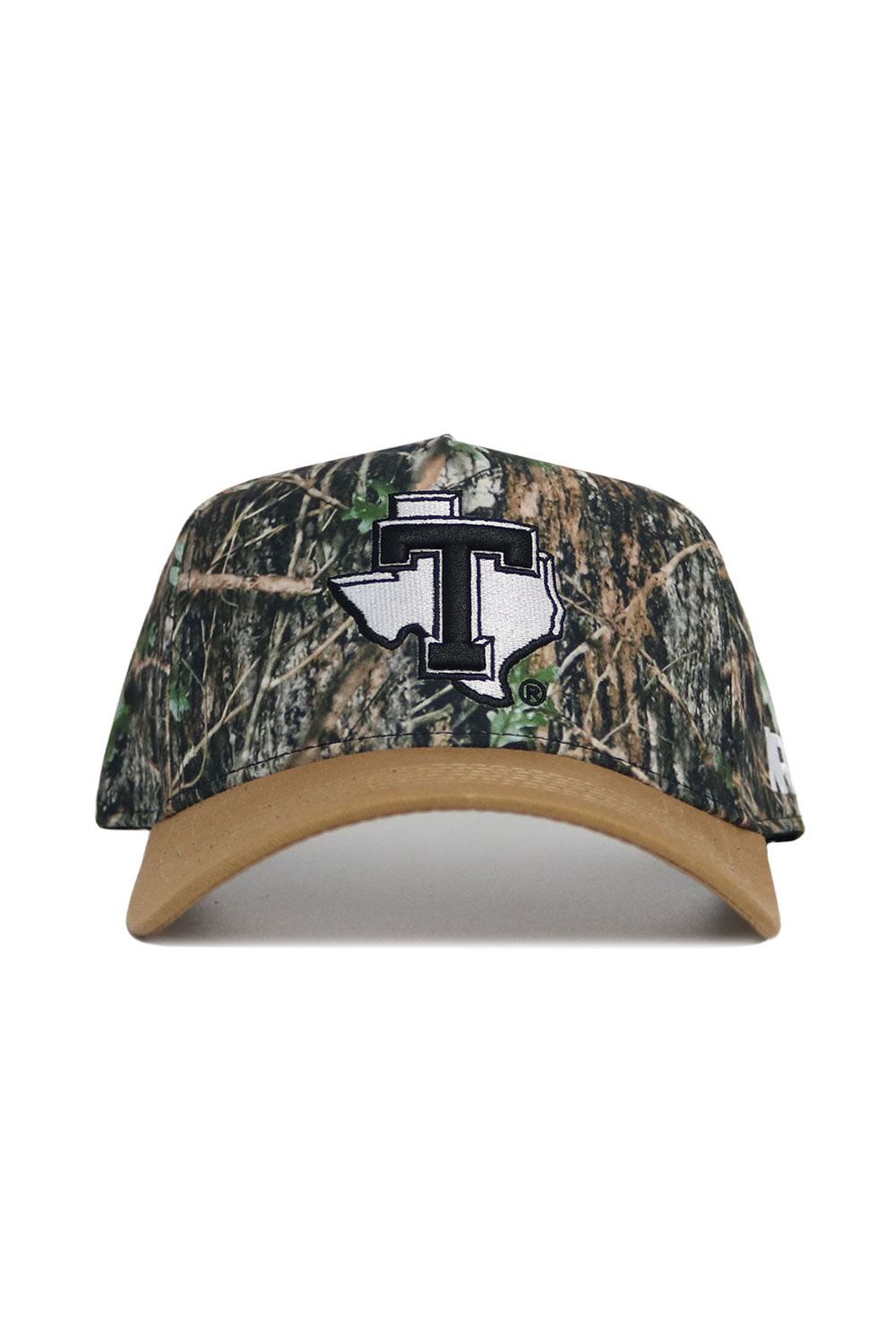 The No Rivals Tarleton State Camo Hat - Explorer Edition is a structured cotton snapback with a tan brim, Texas-shaped patch, and bold black "T" on the front for lasting comfort and distinctive style.
