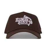 The Illinois State University Americano Hat is a brown snapback featuring white text, made from high-quality cotton for a structured fit.