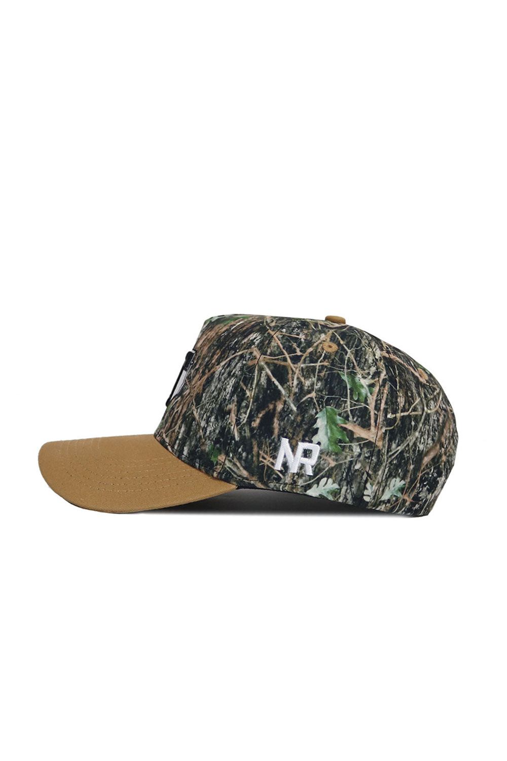 The No Rivals Tarleton State Camo Hat - Explorer Edition is a structured-fit snapback with a tan brim, leafy camo design, white embroidered NR on the side, and made of high-quality cotton for standout style.