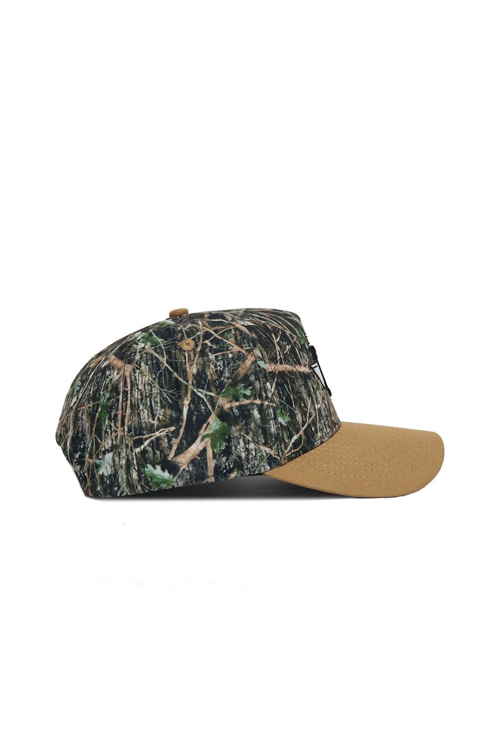 The No Rivals Tarleton State Camo Hat - Explorer Edition features a camouflage crown, solid tan brim, and a structured snapback fit in high-quality cotton, displayed in side profile on a white background.