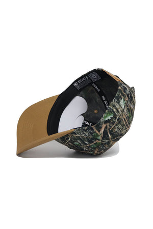 The Tarleton State Camo Hat - Explorer Edition by No Rivals features a camo pattern, brown brim, inner black lining with NO RIVALS in white, and high-quality cotton for a comfortable, structured fit.