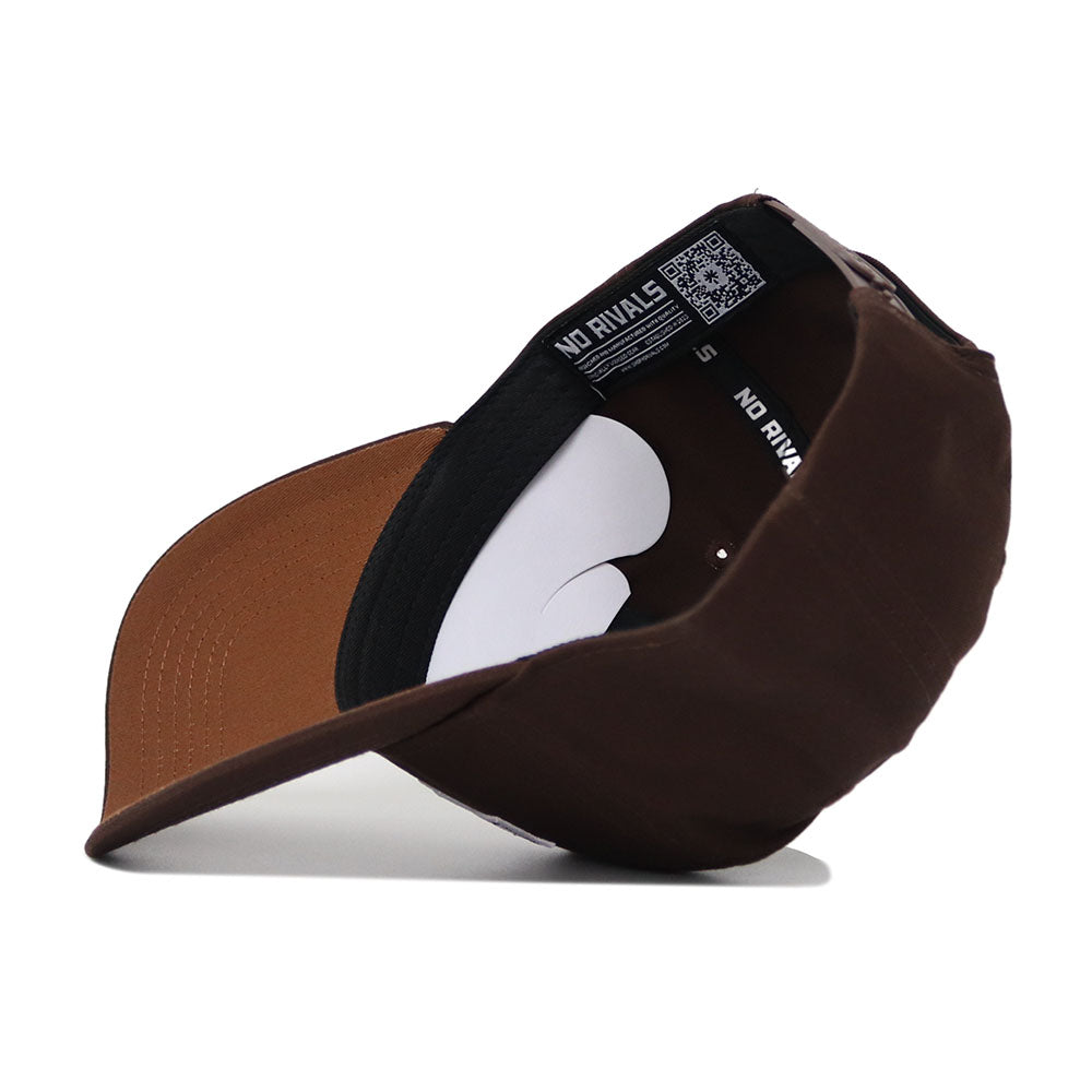 The Illinois State University Americano Hat is a brown snapback shown upside down, revealing its structured fit, black sweatband, QR code label, and "NO RIVALS" on the inner band. Made from high-quality cotton for lasting comfort.