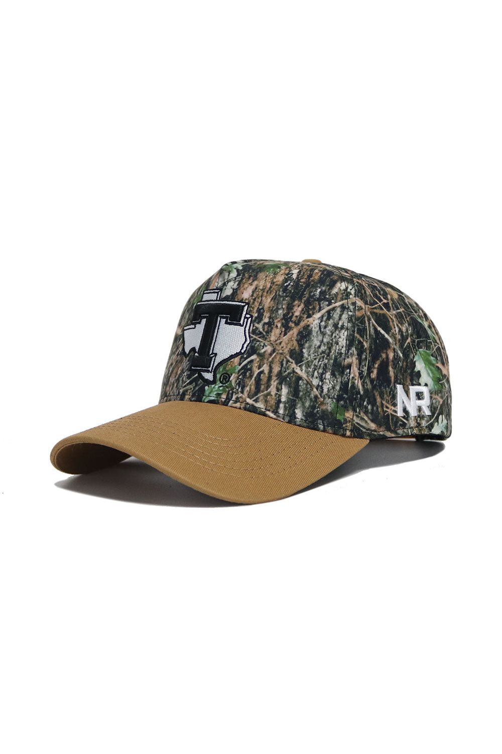 The No Rivals Tarleton State Camo Hat - Explorer Edition features a structured camo fit with a tan brim, white and black embroidered Texas outline with T logo, NR initials on the side, and an adjustable snapback closure.