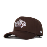 The Illinois State University Americano Hat is a brown snapback featuring the Redbirds logo with a white embroidered bird and text on the front, "NR" stitched in white on the side, and made of high quality cotton for comfort and structure.