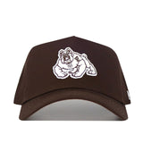 The Fresno State Americano Hat is a brown snapback made from high-quality cotton, featuring an embroidered white bulldog mascot on the front and shown against a plain white background.