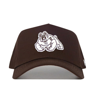 The Fresno State Americano Hat is a brown snapback made from high-quality cotton, featuring an embroidered white bulldog mascot on the front and shown against a plain white background.