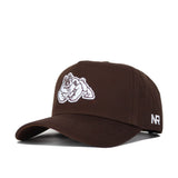The Fresno State Americano Hat is a brown snapback made from premium cotton, featuring an embroidered white bulldog on the front and “NR” stitched in white on the side for a structured fit.