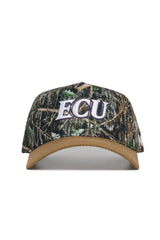 The No Rivals ECU Camo Hat - Explorer Edition features a quality cotton camo design, tan brim, and structured fit. "ECU" is embroidered in white and purple on the front for standout style and comfort.