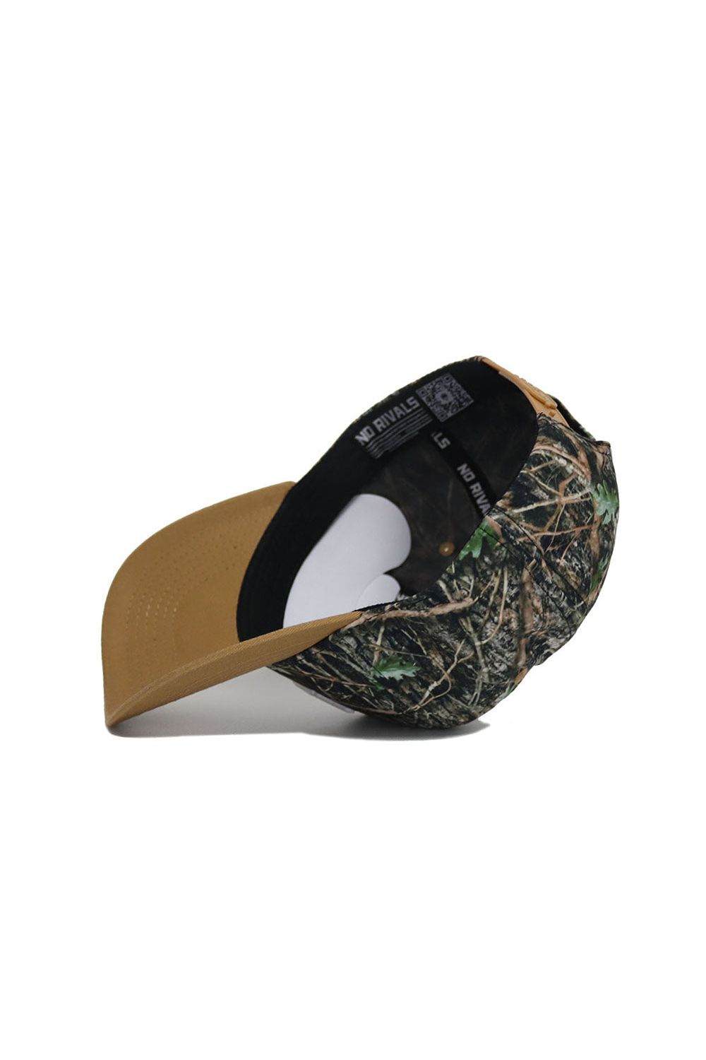The No Rivals ECU Camo Hat - Explorer Edition features a brown and green camouflage pattern, a tan brim, and a black inner lining with a white sizing label, offering a structured fit for lasting comfort.