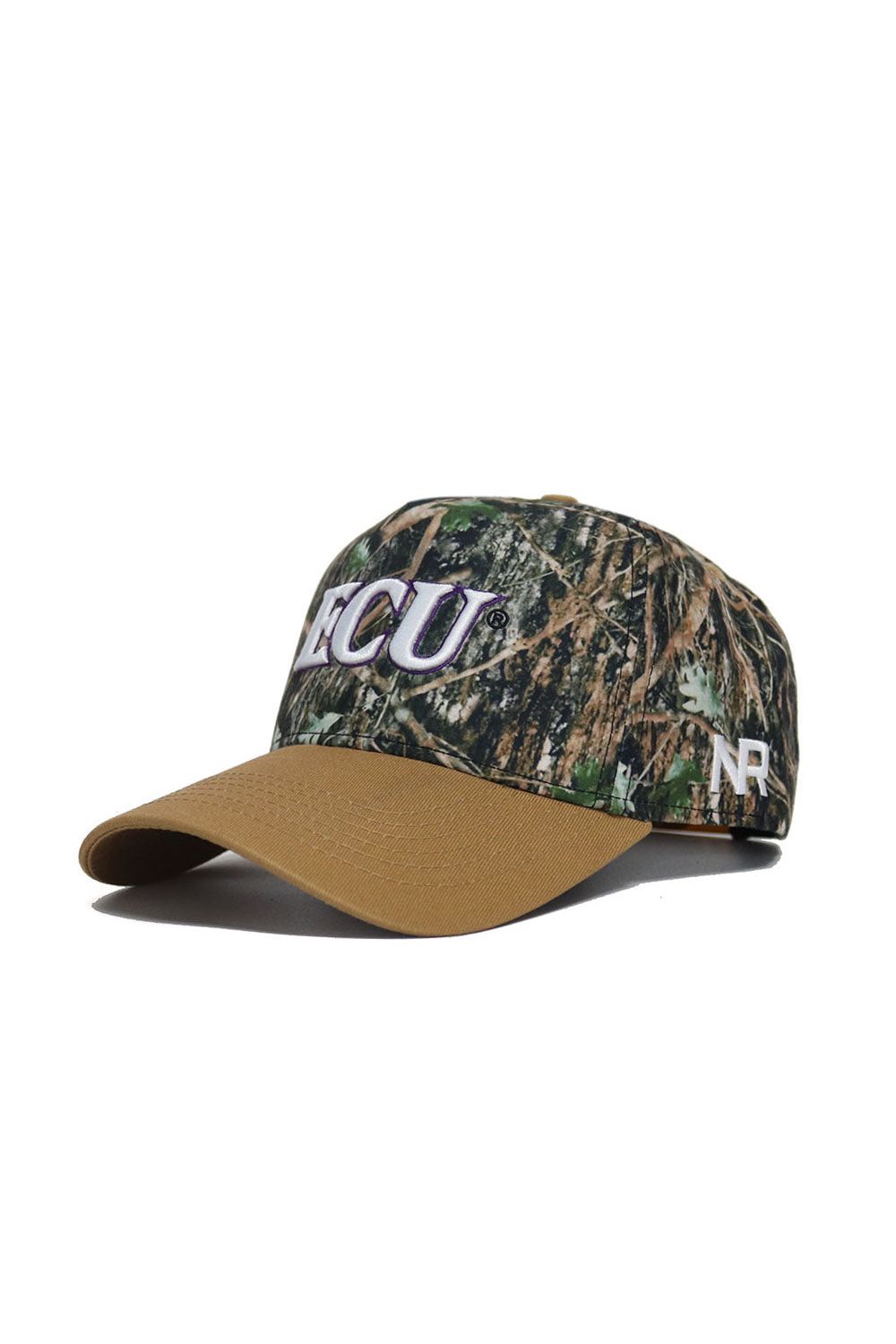 The No Rivals ECU Camo Hat - Explorer Edition is a structured cotton camo cap with a brown brim, featuring ECU embroidered in white and purple on the front and NR stitched in white on the side. Snapback closure for adjustable fit.