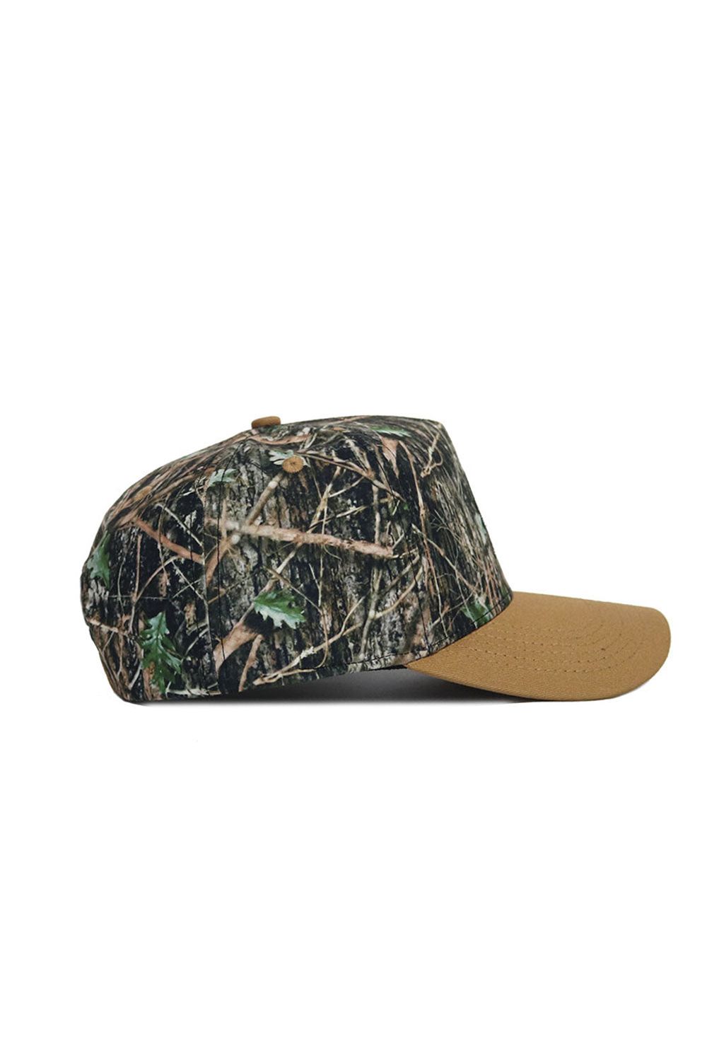 The No Rivals Michigan State Camo Hat - Explorer Edition features a camouflage-patterned crown and solid brown curved brim, crafted from high quality cotton and displayed in a side view on a white background.