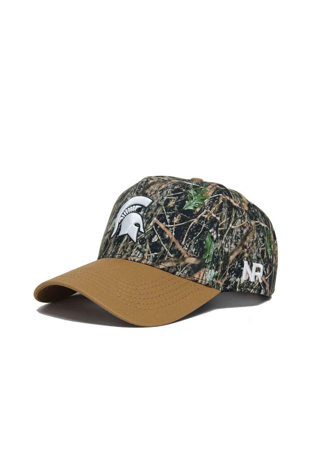 The No Rivals Michigan State Camo Hat - Explorer Edition is a high quality cotton camouflage cap with a brown bill, white Spartan helmet logo on the front, and "NR" embroidered in white on the side.