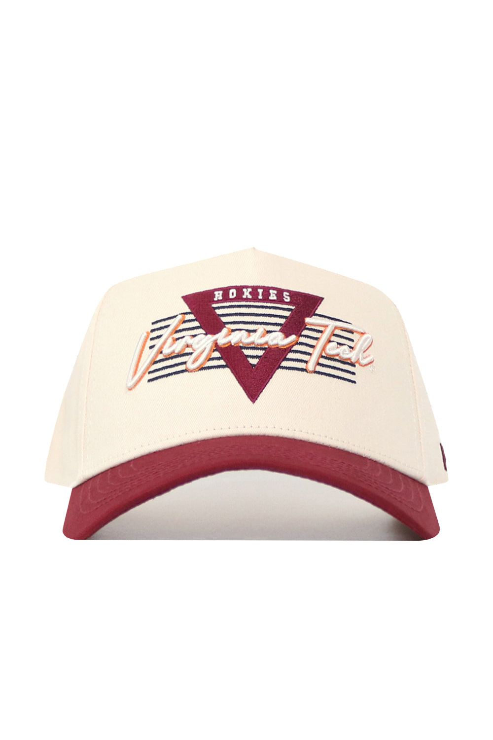 The Virginia Tech Triangle Game Cap Hat by No Rivals is a cream and maroon structured fit hat with "Hokies," "Virginia Tech," and a stylized V with horizontal lines on the front panel. Officially licensed.