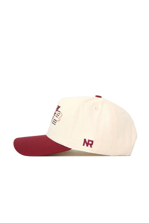 The No Rivals Virginia Tech Triangle Game Cap Hat is a cream structured snapback with a maroon brim and button, maroon NR embroidery on the side, and a partially visible multicolored design on the front for adjustable comfort.