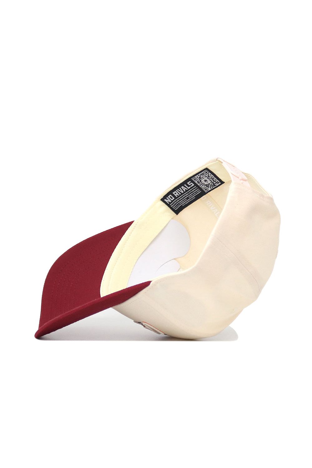 The Virginia Tech Triangle Game Cap Hat is displayed upside down, revealing its cream and burgundy structured fit, along with interior details like a black NO RIVALS label and a QR code.