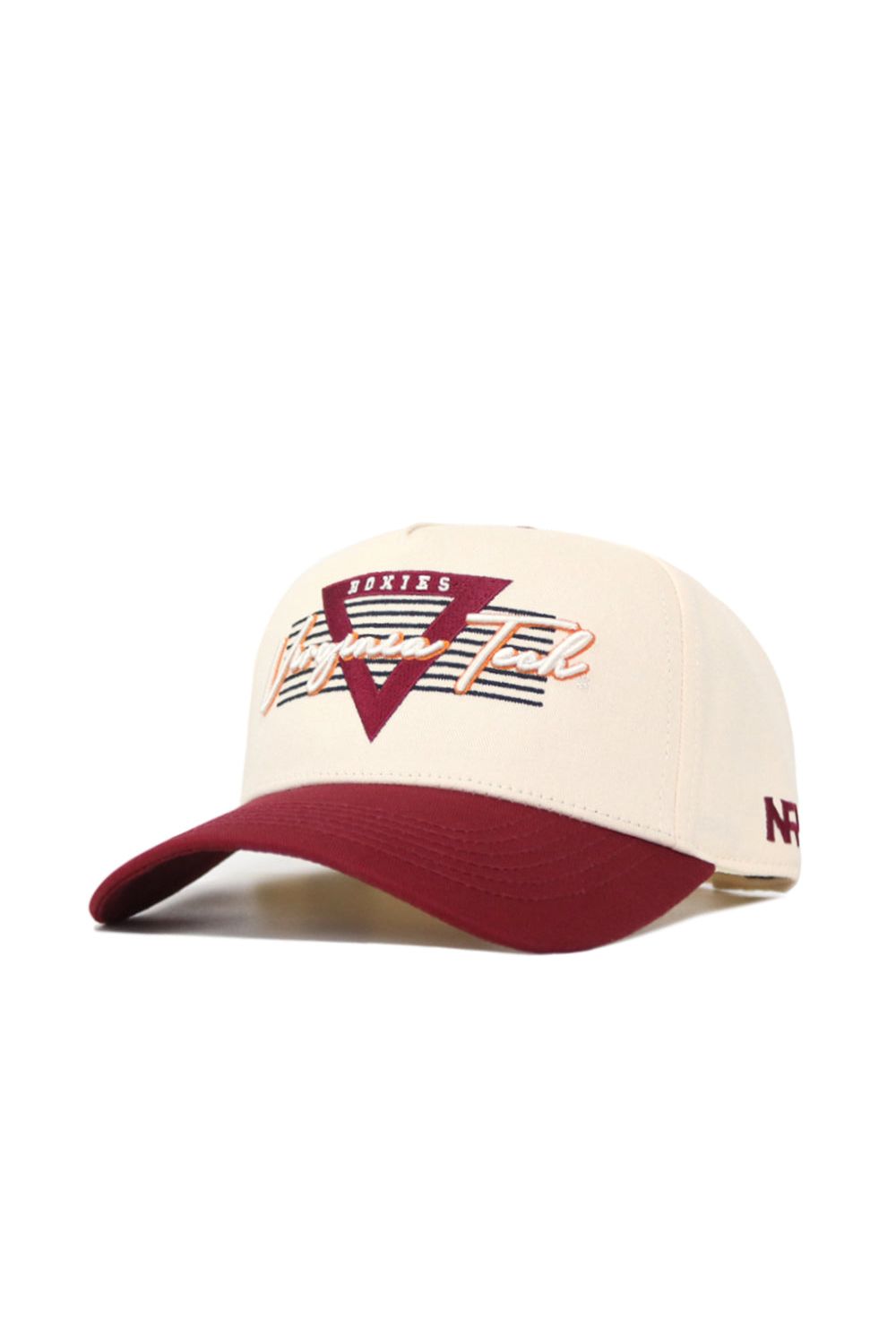The Virginia Tech Triangle Game Cap Hat features a cream and maroon snapback design, triangular Hokies logo with "Virginia Tech" embroidered on the front, a maroon bill, structured fit, and NFB detail on the side.