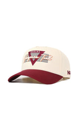 The Virginia Tech Triangle Game Cap Hat features a cream and maroon snapback design, triangular Hokies logo with "Virginia Tech" embroidered on the front, a maroon bill, structured fit, and NFB detail on the side.