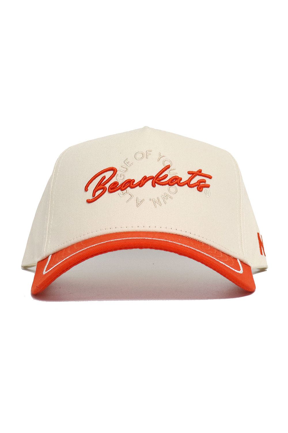 The No Rivals SHSU Bearkats ALOYO Hat features a cream and orange snapback design with "Bearkats" embroidered in orange on the front and "LEAGUE OF YOUR OWN" stitched around it. Made from quality cotton, it has an orange visor with cream trim for structure.