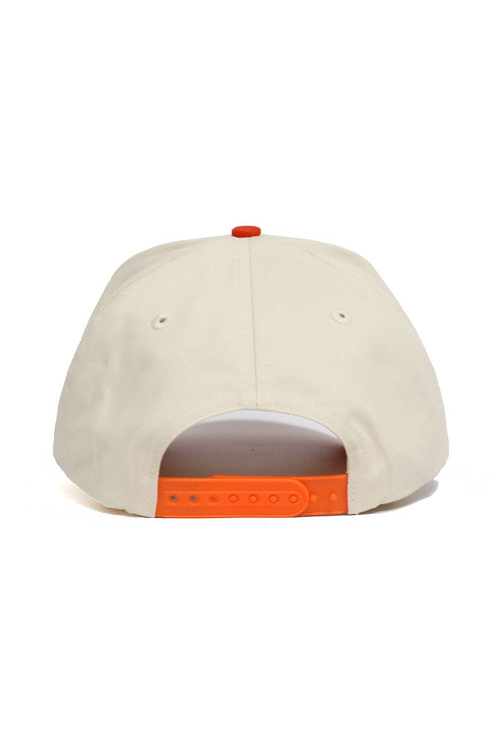 The SHSU Bearkats ALOYO Hat by No Rivals is shown from the back, displaying an adjustable orange snapback and two ventilation holes. Made of high-quality cotton, it offers a structured, comfortable fit.