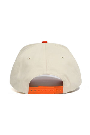 The SHSU Bearkats ALOYO Hat by No Rivals is shown from the back, displaying an adjustable orange snapback and two ventilation holes. Made of high-quality cotton, it offers a structured, comfortable fit.
