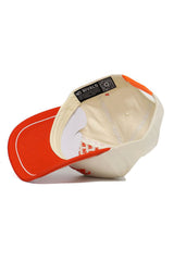 The SHSU Bearkats ALOYO Hat by No Rivals is a cream and orange snapback, shown from the inside with NO RIVALS branding on the inner seams, a QR code on the band near the back, and made of high-quality cotton for a structured fit.