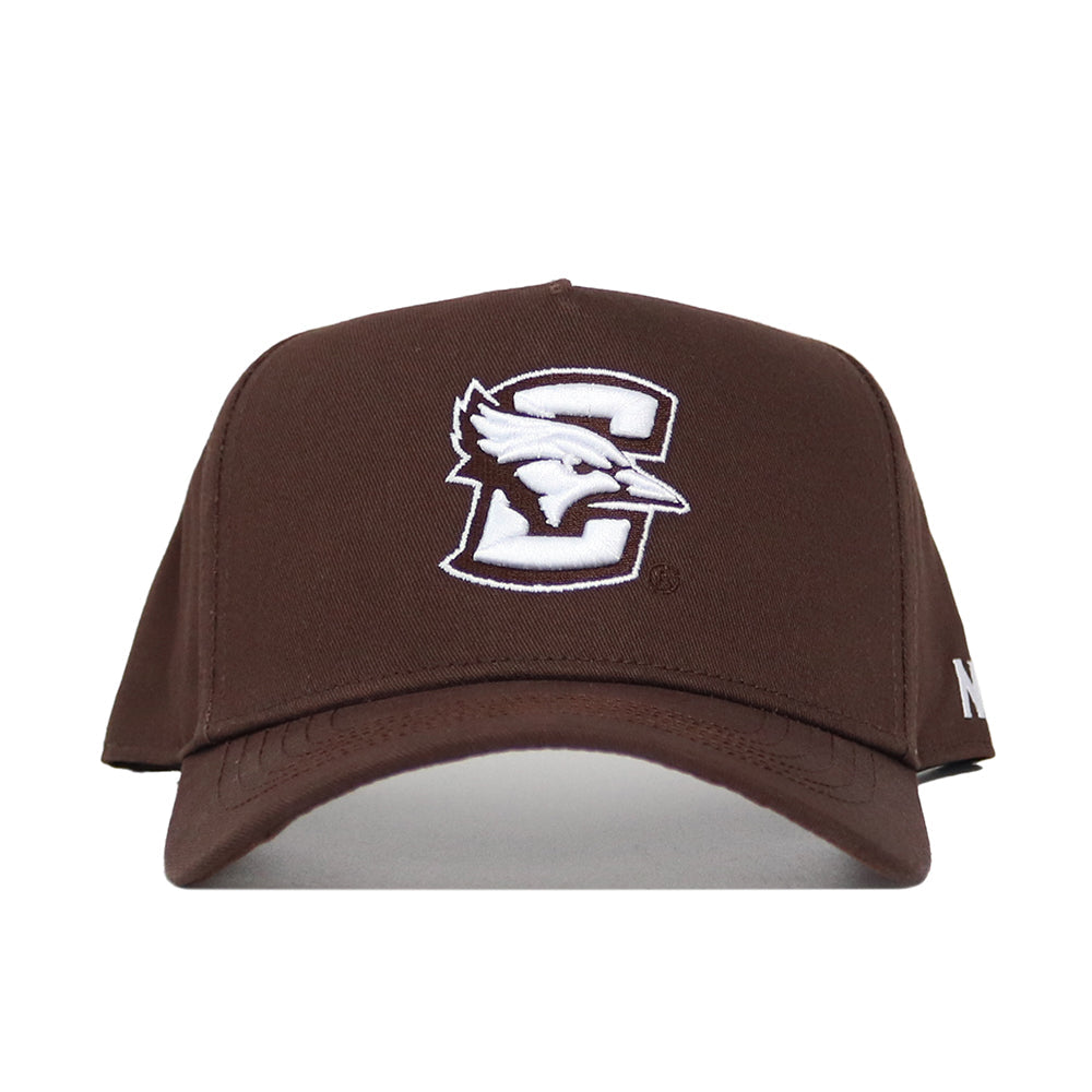 The Creighton Americano Hat is a brown snapback featuring a white logo, made from high-quality cotton for a structured fit.