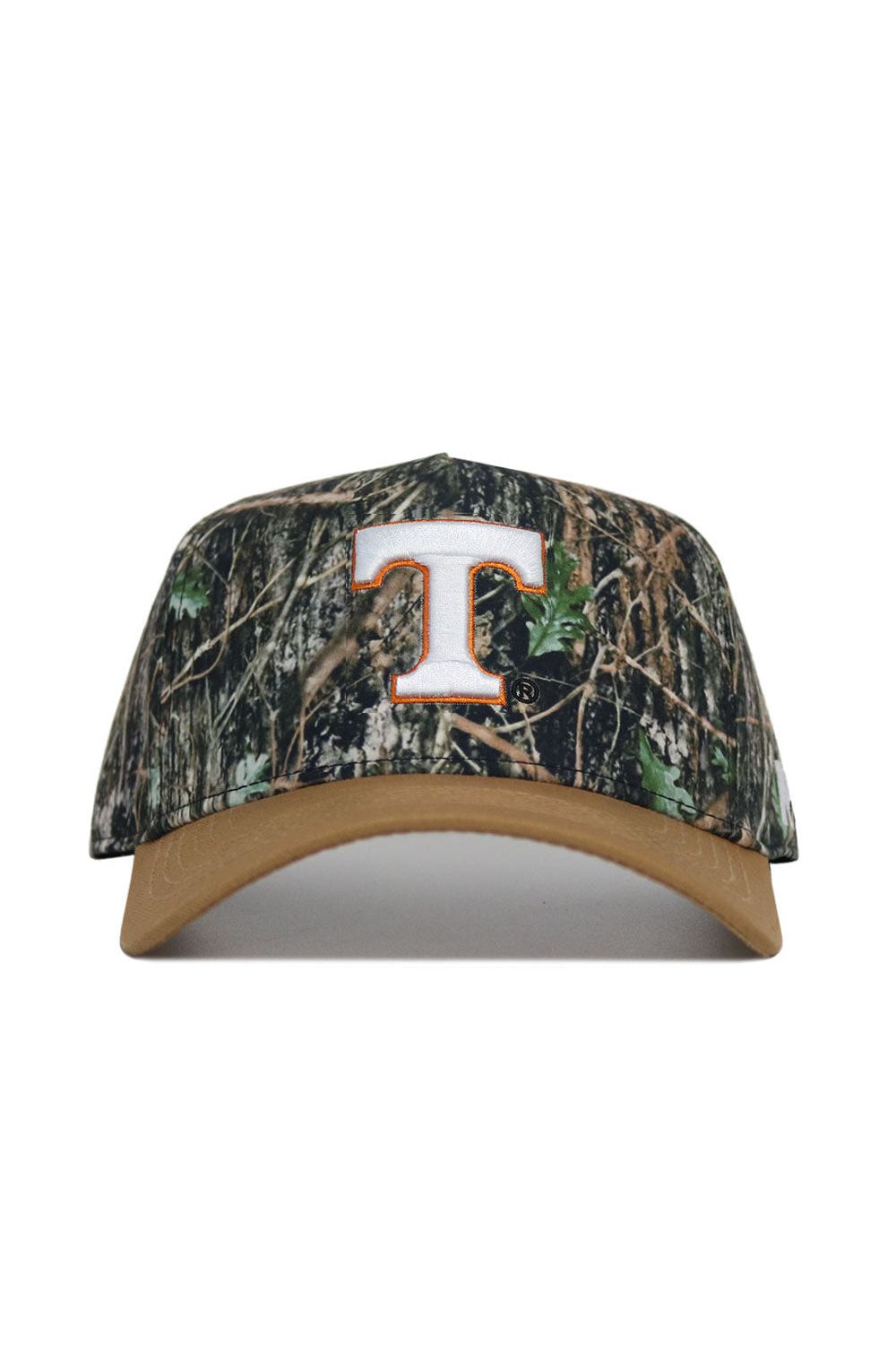 The No Rivals Tennessee Camo Hat – Explorer Edition features a tan brim, bold white and orange "T" logo, high-quality cotton construction, and an adjustable snapback for the perfect fit.