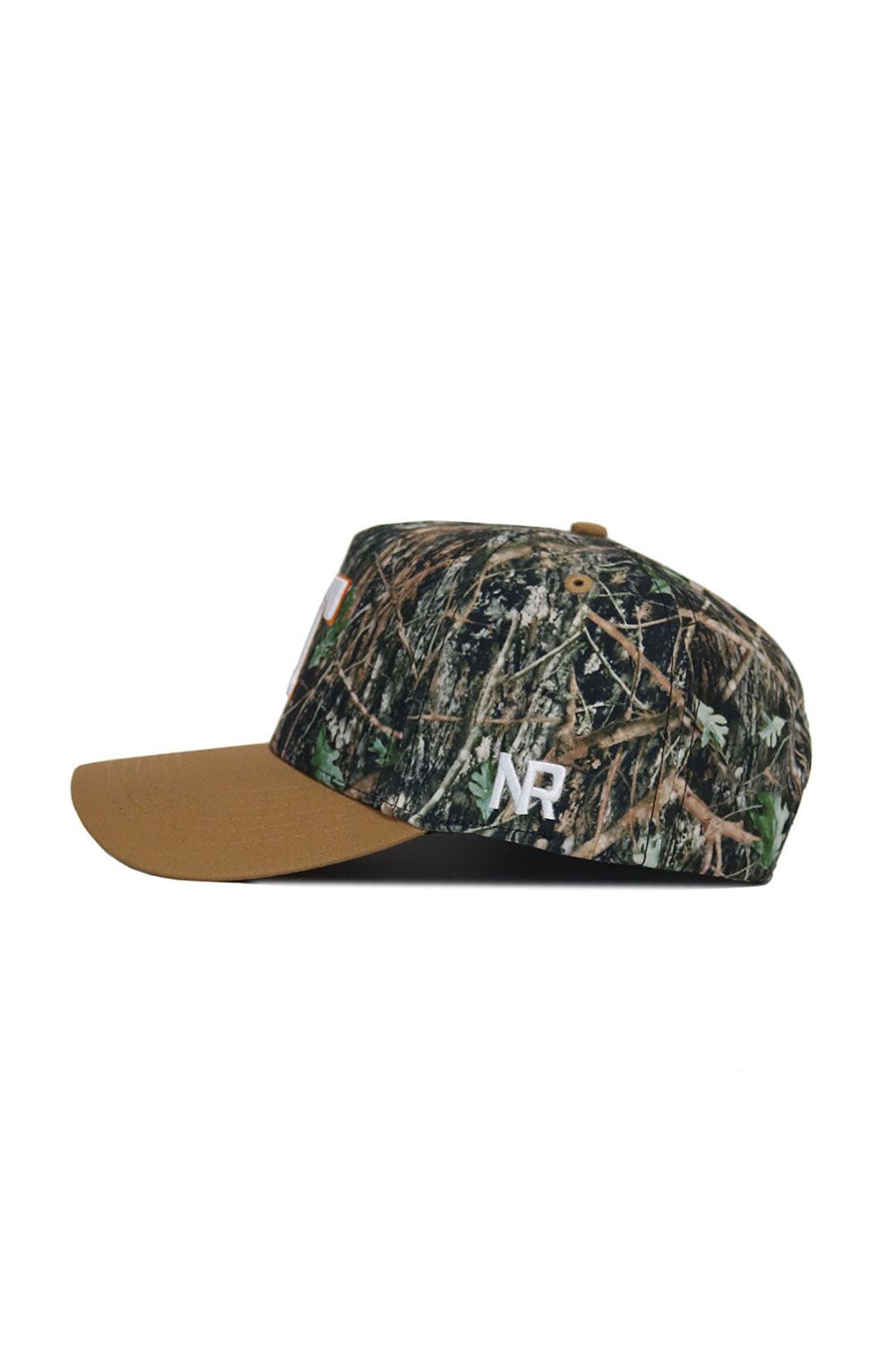 The Tennessee Camo Hat - Explorer Edition by No Rivals features a brown and green camo design, a brown brim, and white NR embroidery on the side. Crafted from high-quality cotton, it’s shown left-side view against a white background.