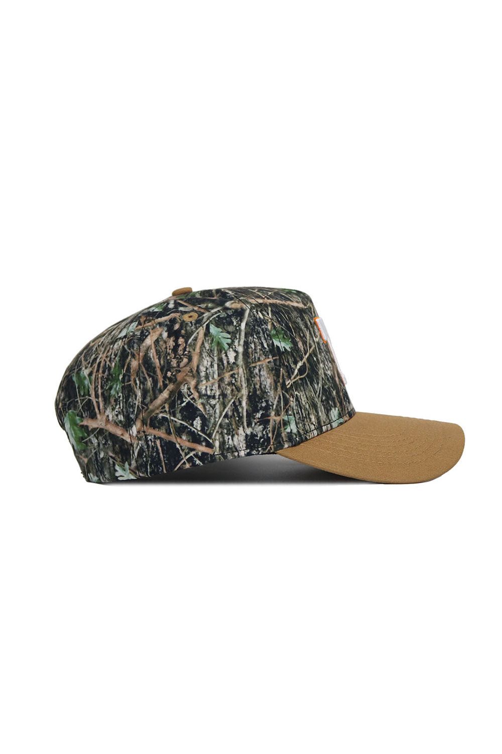 The No Rivals Tennessee Camo Hat - Explorer Edition features a camo-patterned crown and solid brown brim, crafted from premium cotton. Shown in side view against a white background.