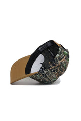 The No Rivals Tennessee Camo Hat - Explorer Edition features a high-quality cotton camo design, brown suede bill, black sweatband, snapback adjustment, and interior labels—shown here upside down for a full inside view.