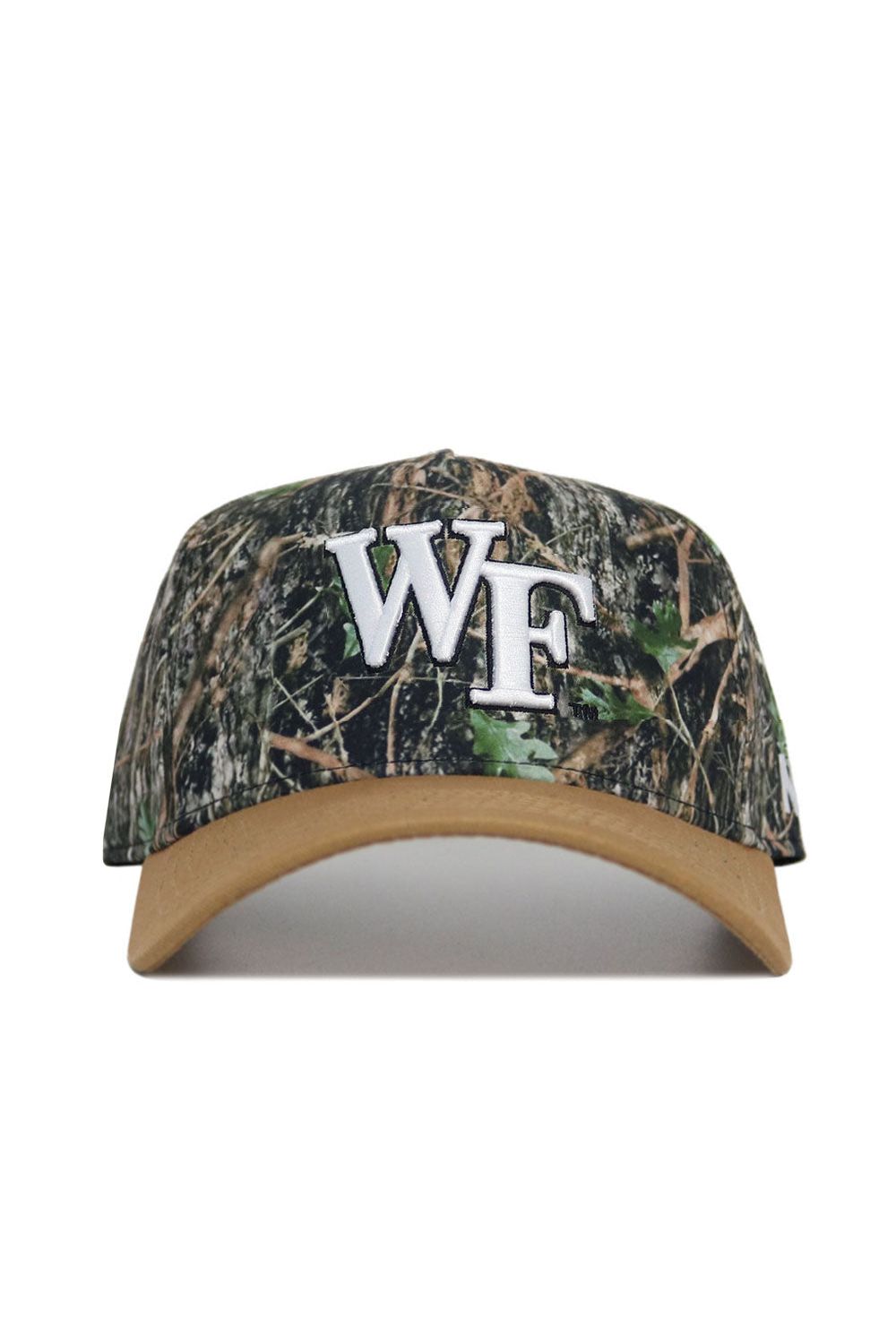 The No Rivals Wake Forest Camo Hat - Explorer Edition features a structured fit, tan brim, large white WF embroidery on the front, and is made from high-quality cotton.