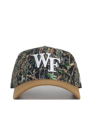 The No Rivals Wake Forest Camo Hat - Explorer Edition features a structured fit, tan brim, large white WF embroidery on the front, and is made from high-quality cotton.