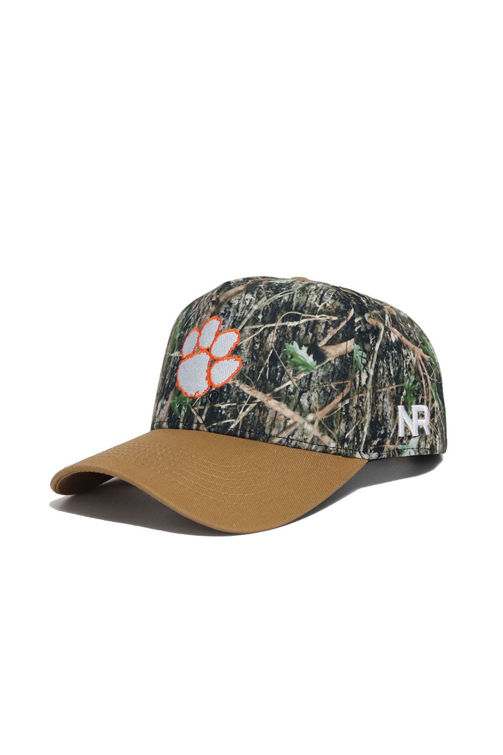 The No Rivals Clemson Camo Hat - Explorer Edition features a tan brim, orange and white paw print logo on front, white NR initials on the side, is made from high quality cotton, and has a snap back closure for adjustable comfort.