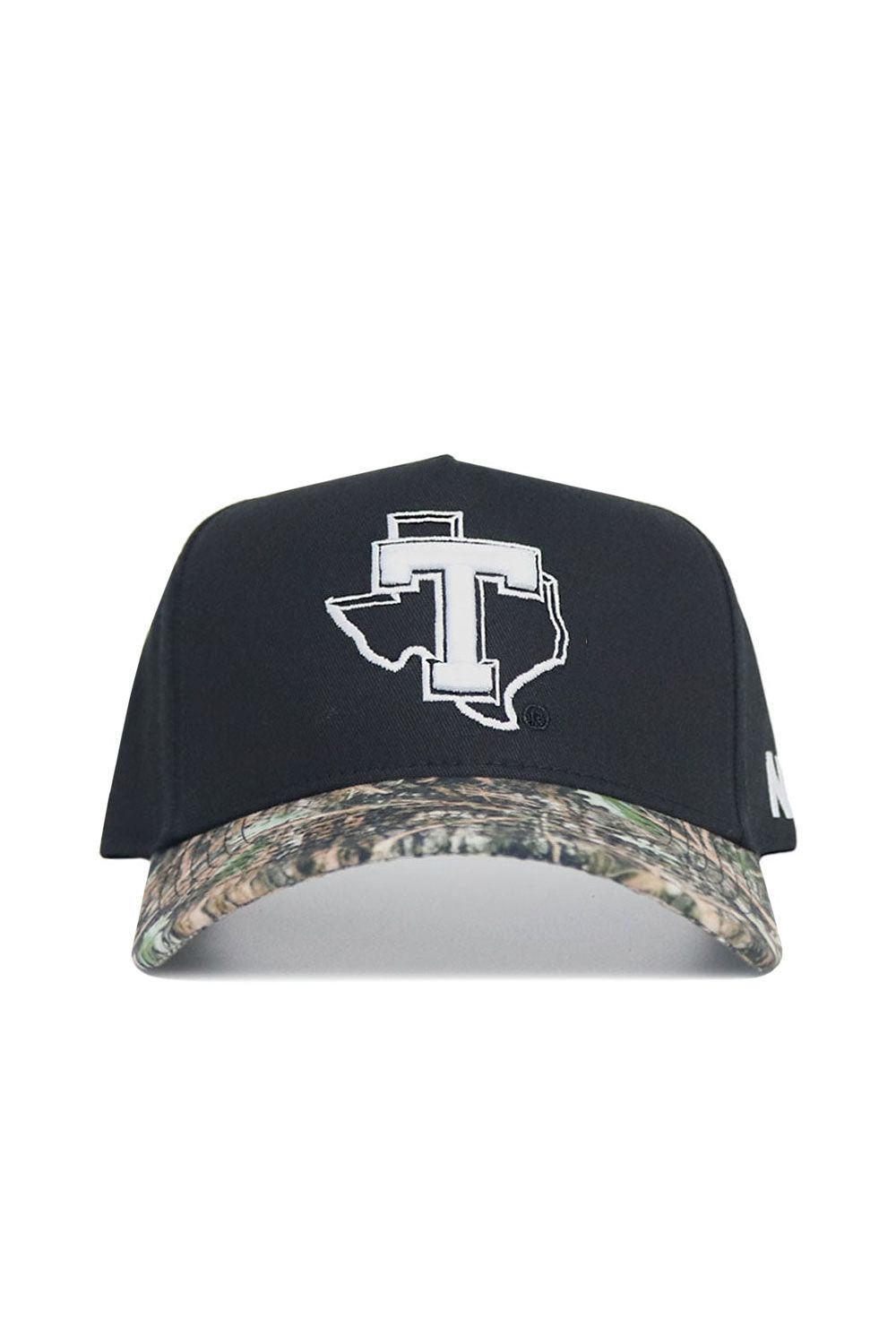 The No Rivals Tarleton State Camo Hat - Trailblazer Edition features a black snapback design, camouflage brim, white Texas outline with a big T on the front, and high-quality cotton construction for a structured, comfortable fit.