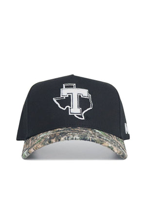 The No Rivals Tarleton State Camo Hat - Trailblazer Edition features a black snapback design, camouflage brim, white Texas outline with a big T on the front, and high-quality cotton construction for a structured, comfortable fit.