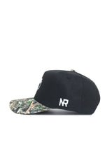 The Tarleton State Camo Hat - Trailblazer Edition by No Rivals is a black snapback featuring a camo brim and white NR embroidery on the side, made from high-quality cotton with a structured fit.