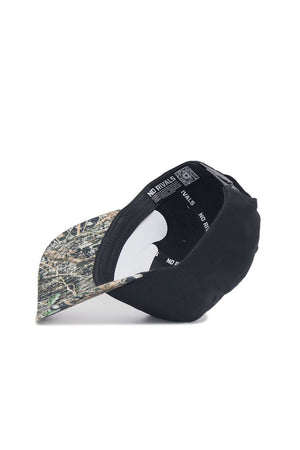 The Tarleton State Camo Hat - Trailblazer Edition by No Rivals is a black snapback with a green and brown camo pattern, curved brim, structured fit, high-quality cotton, and a black band printed with "NO RIVALS" in white.