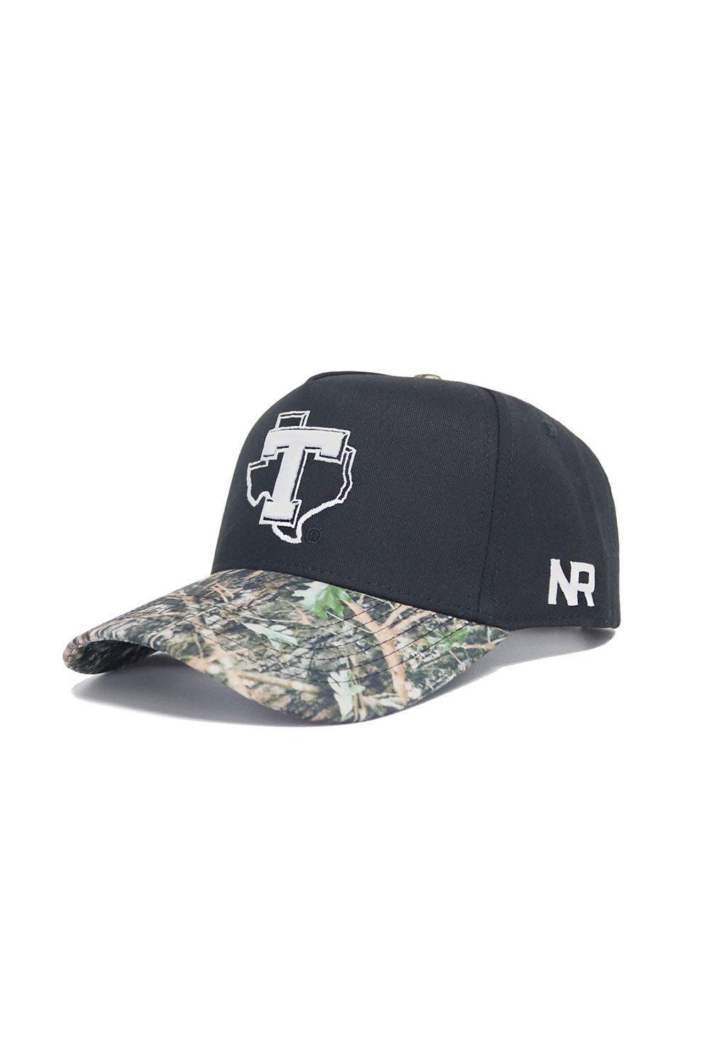 The No Rivals Tarleton State Camo Hat - Trailblazer Edition is a black snapback with a structured fit, camo-patterned brim, white Texas T logo on the front, and NR in white on the side. Crafted from high-quality cotton.