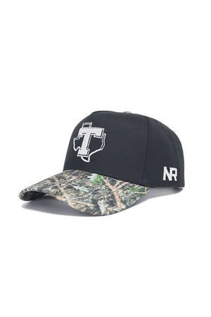 The No Rivals Tarleton State Camo Hat - Trailblazer Edition is a black snapback with a structured fit, camo-patterned brim, white Texas T logo on the front, and NR in white on the side. Crafted from high-quality cotton.