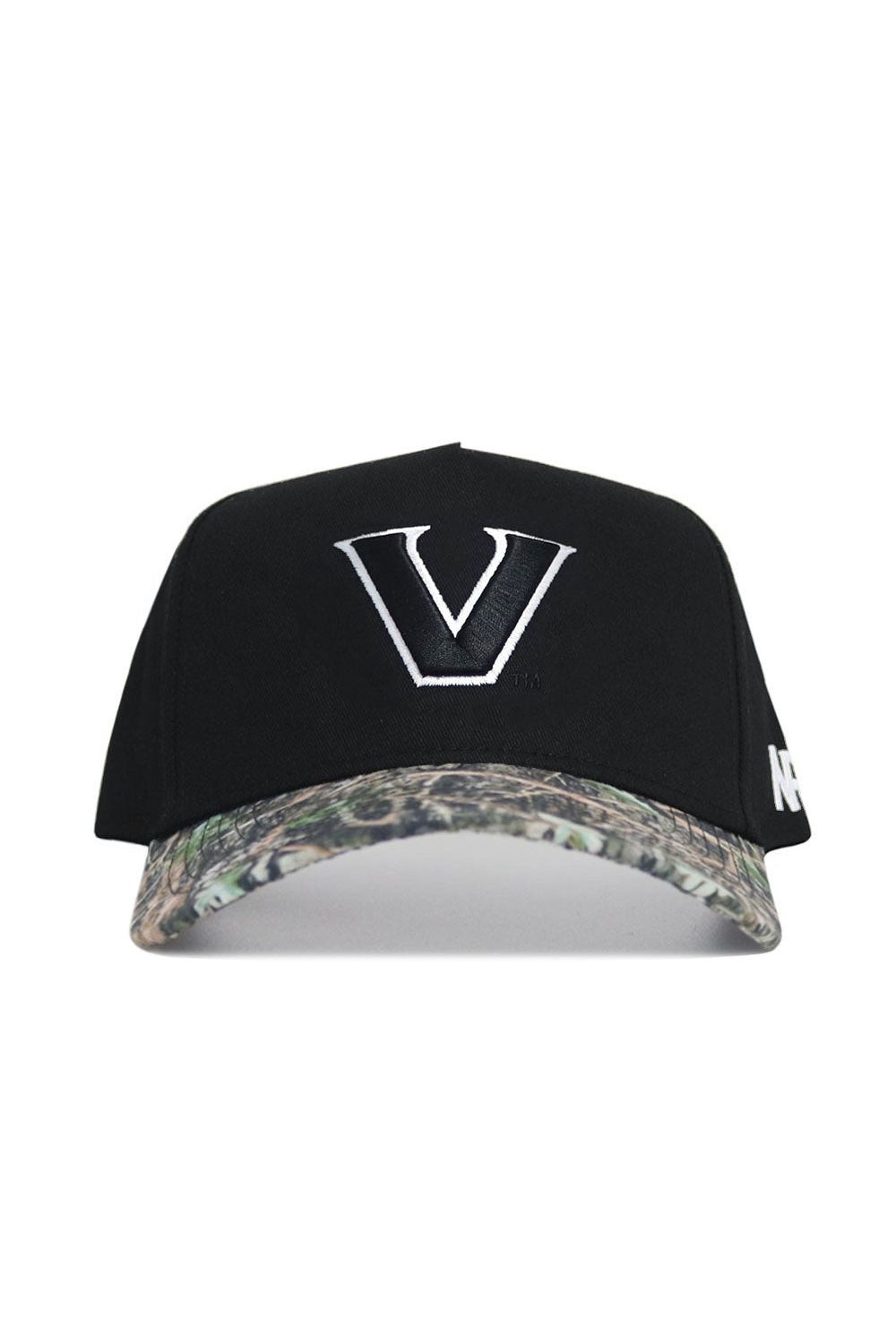 The No Rivals Vanderbilt Camo Hat - Trailblazer Edition is a black snapback cap with a large white V, camo-patterned brim, white side lettering, and crafted from high-quality cotton.
