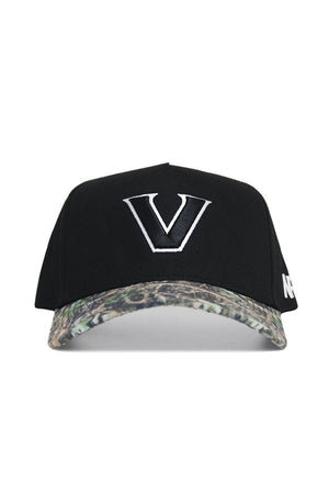 The No Rivals Vanderbilt Camo Hat - Trailblazer Edition is a black snapback cap with a large white V, camo-patterned brim, white side lettering, and crafted from high-quality cotton.