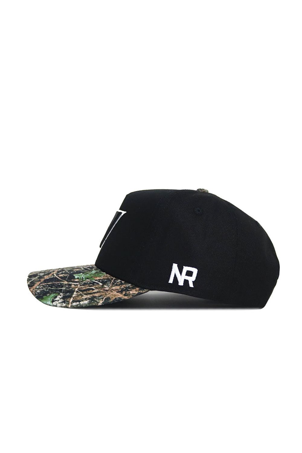 The No Rivals Vanderbilt Camo Hat - Trailblazer Edition features a black cotton design with a camouflage brim and white NR initials on the side. This snapback is displayed in side profile against a white background.