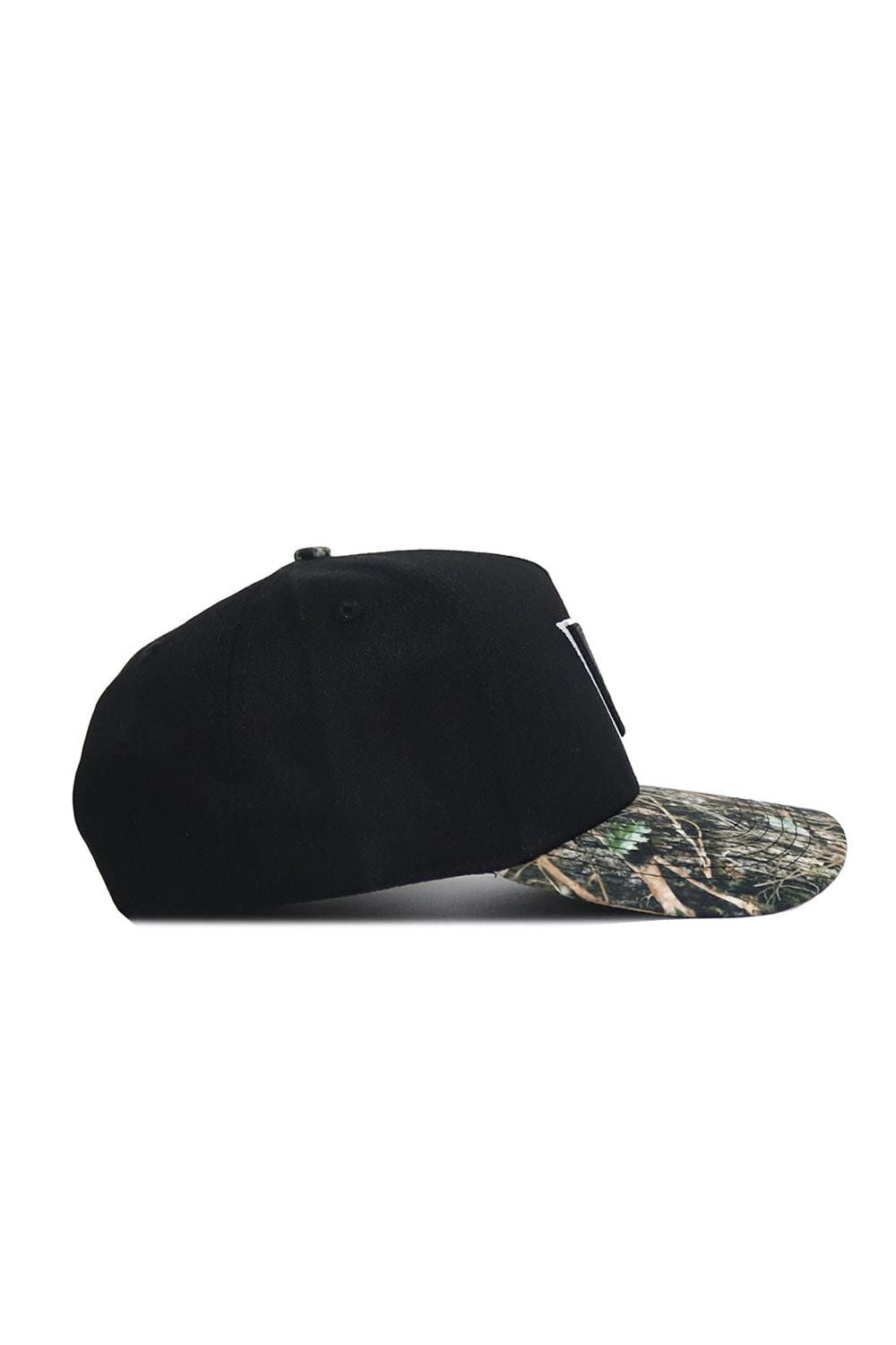 The No Rivals Vanderbilt Camo Hat - Trailblazer Edition features a black crown, curved camouflage brim, and premium cotton construction, displayed in a side profile view on a white background.