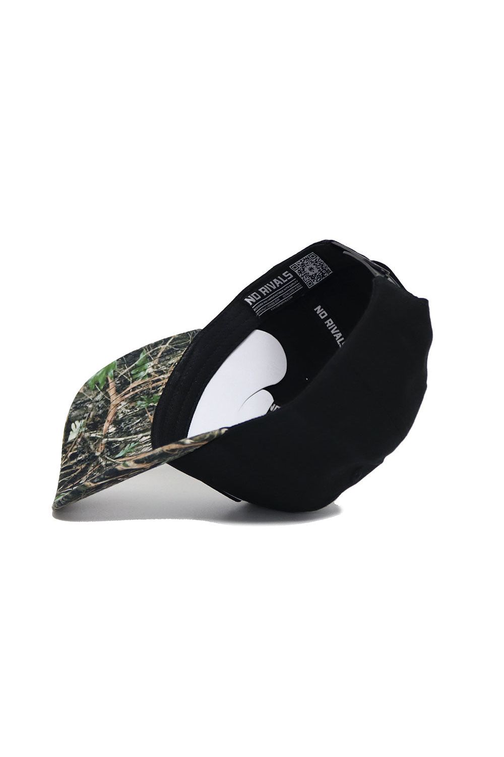 The Vanderbilt Camo Hat - Trailblazer Edition by No Rivals features a black crown, camo brim, white inner padding, and “NO RIVALS” on the band. Made from high quality cotton for comfort and durability.