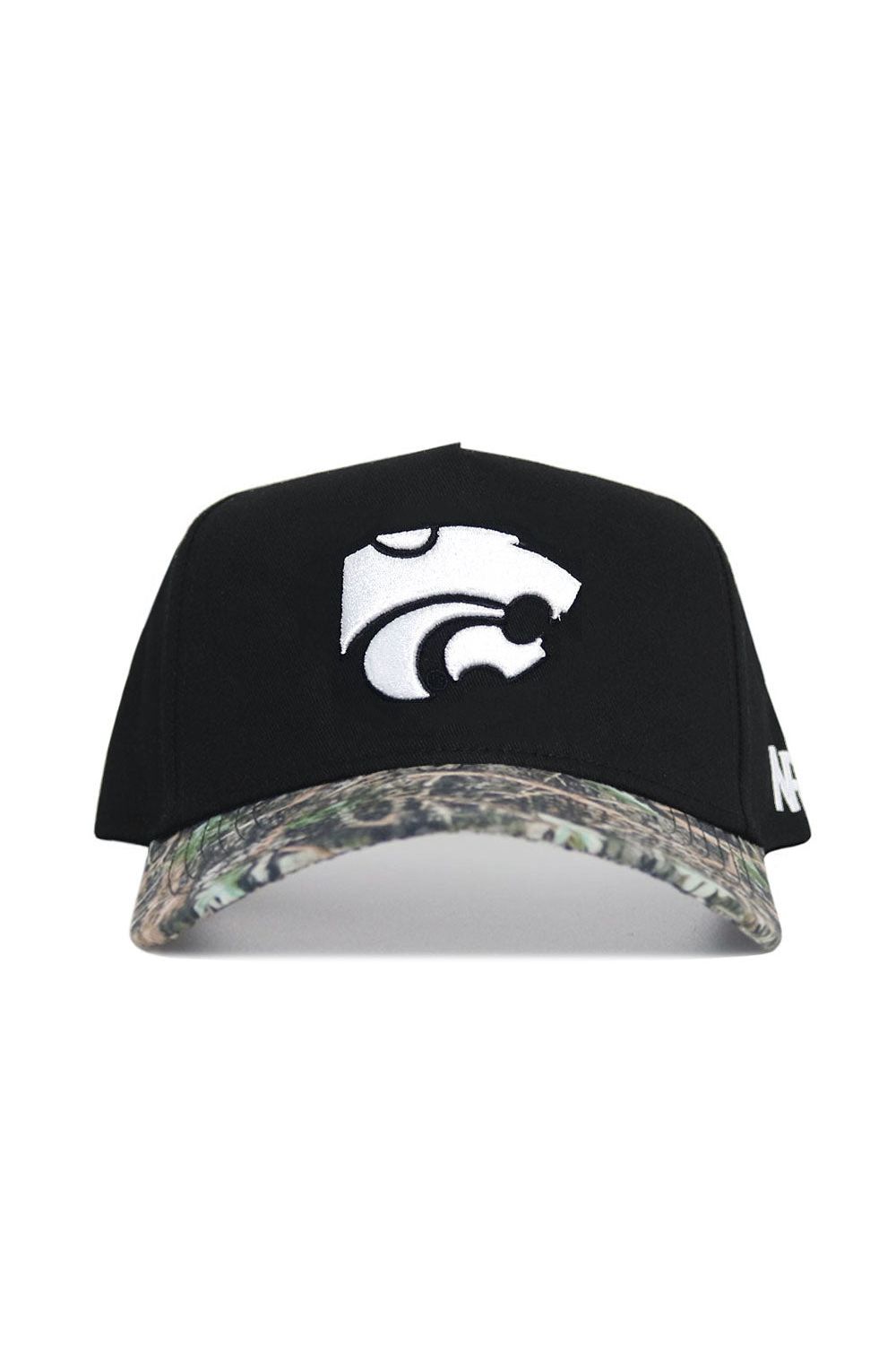 The No Rivals K-State Camo Hat - Trailblazer Edition is a black snapback with a white wildcat logo on the front, a camo-patterned brim, and "NF" embroidered in white on the left side. Made from high-quality cotton.