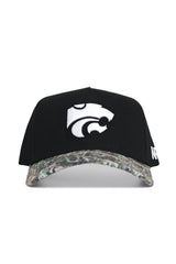 The No Rivals K-State Camo Hat - Trailblazer Edition is a black snapback with a white wildcat logo on the front, a camo-patterned brim, and "NF" embroidered in white on the left side. Made from high-quality cotton.