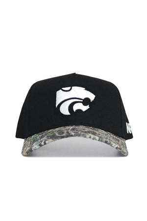 The No Rivals K-State Camo Hat - Trailblazer Edition is a black snapback with a white wildcat logo on the front, a camo-patterned brim, and "NF" embroidered in white on the left side. Made from high-quality cotton.